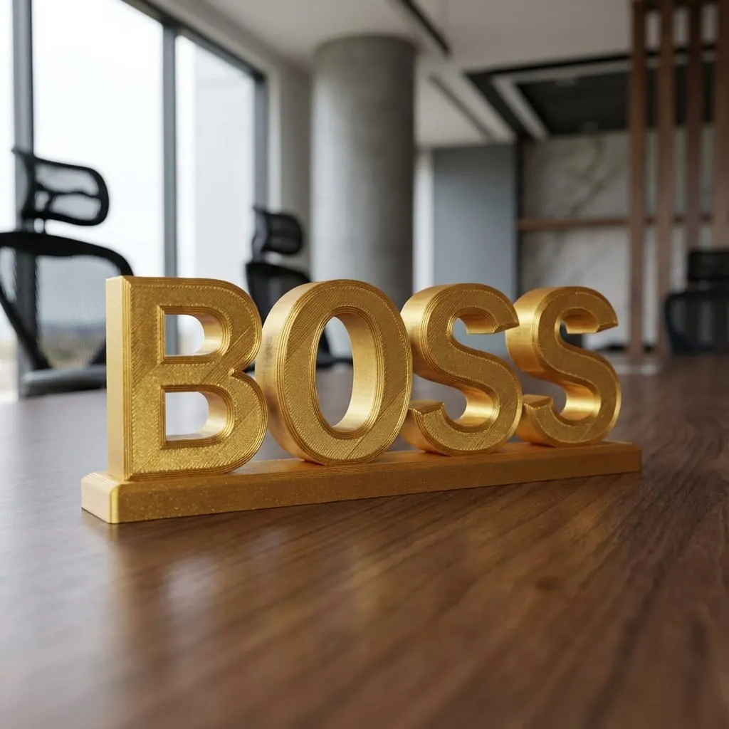 A 3D printed desk name plate in a bold block font
