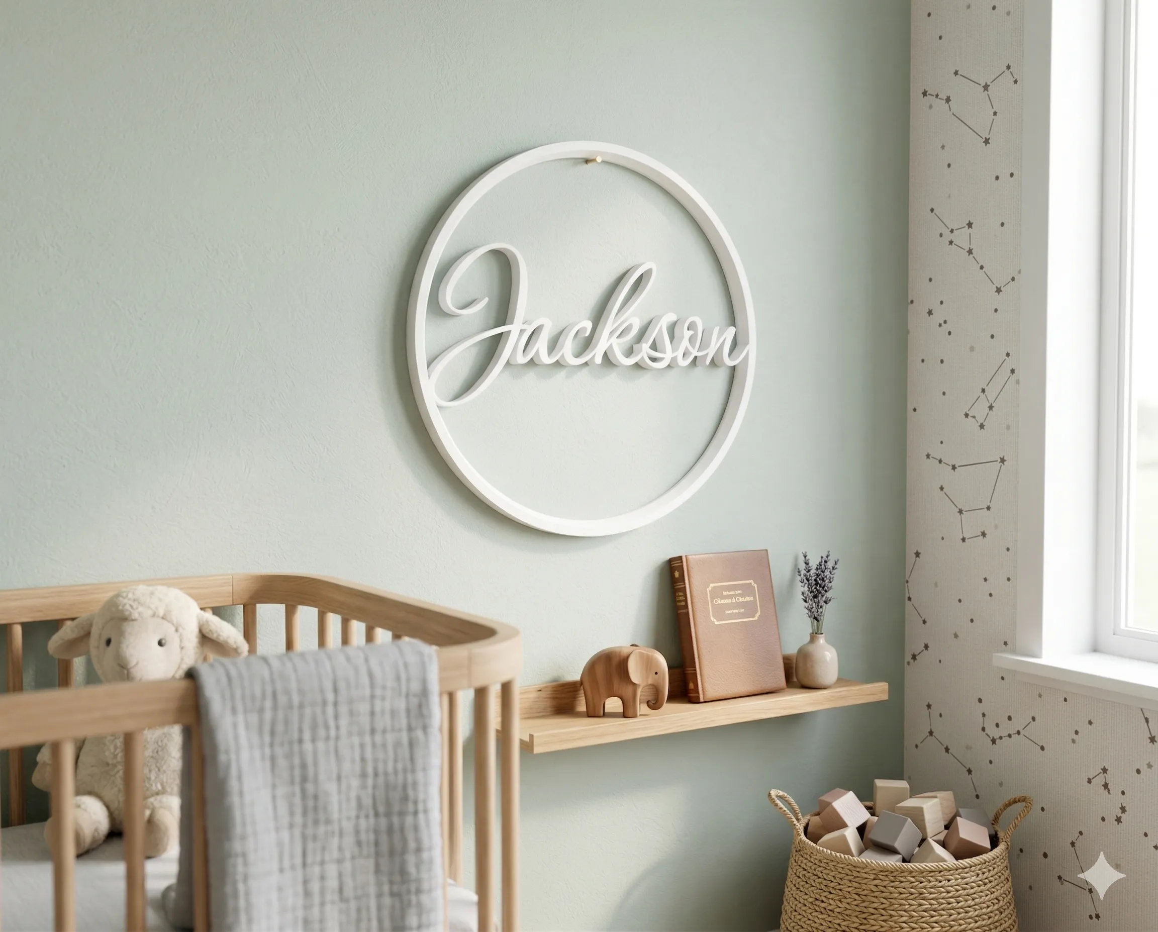 3D printed circle name sign reading Jackson hanging on a sage green nursery wall above a wooden crib