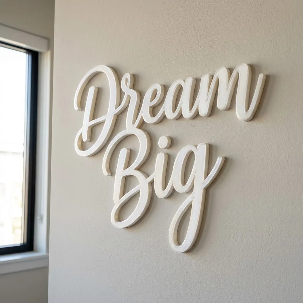 3D printed Dream Big wall text in cursive script mounted on a living room wall